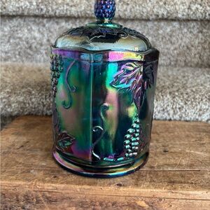 Iridescent Carnival Glass Covered Jar with Grape Motif